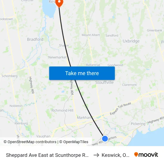 Sheppard Ave East at Scunthorpe Rd West Side to Keswick, Ontario map