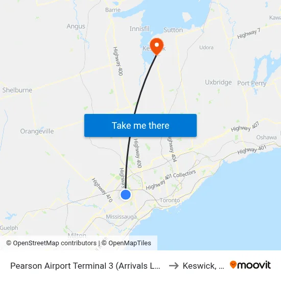 Pearson Airport Terminal 3 (Arrivals Level Columns C8-C12) to Keswick, Ontario map