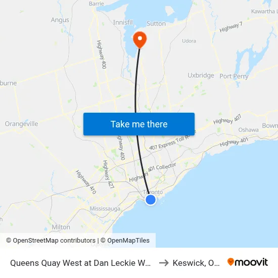Queens Quay West at Dan Leckie Way East Side to Keswick, Ontario map