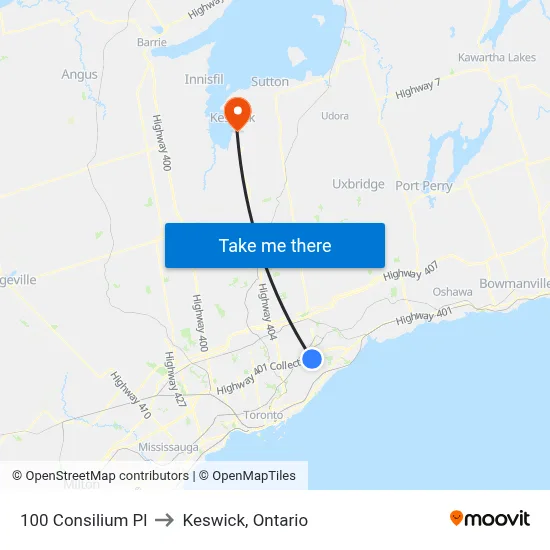 100 Consilium Pl to Keswick, Ontario map