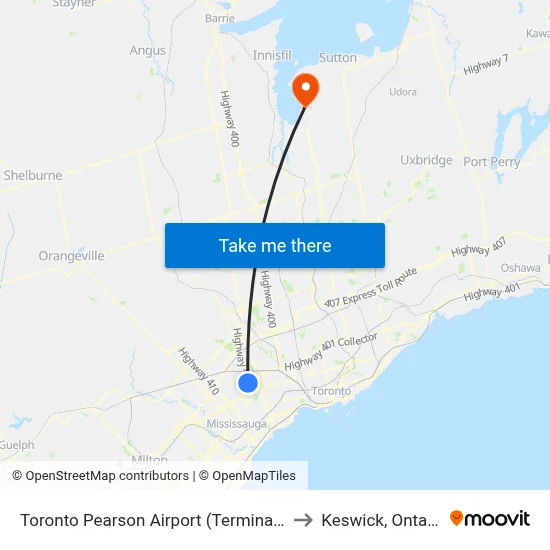 Toronto Pearson Airport (Terminal 1) to Keswick, Ontario map