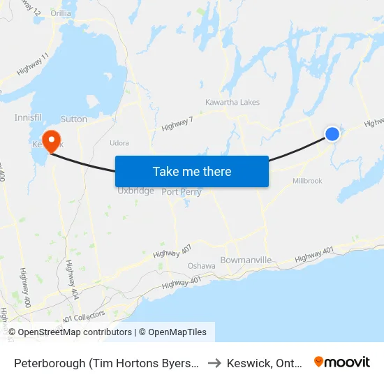 Peterborough (Tim Hortons Byersville) to Keswick, Ontario map