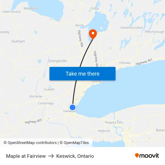 Maple at Fairview to Keswick, Ontario map
