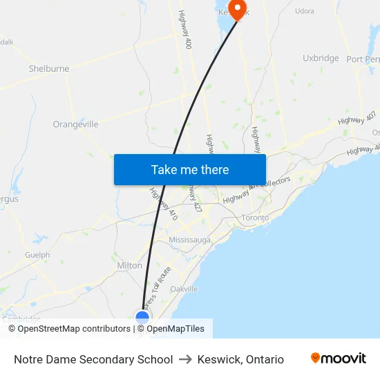 Notre Dame Secondary School to Keswick, Ontario map