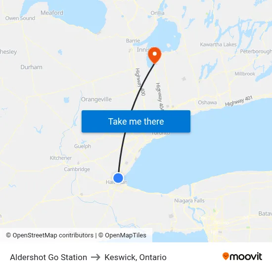 Aldershot Go Station to Keswick, Ontario map