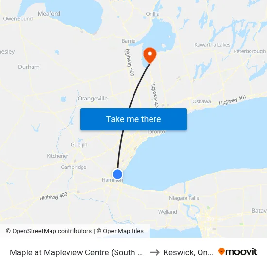 Maple at Mapleview Centre (South Entrance) to Keswick, Ontario map
