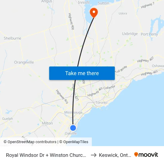 Royal Windsor Dr + Winston Churchill Blvd to Keswick, Ontario map