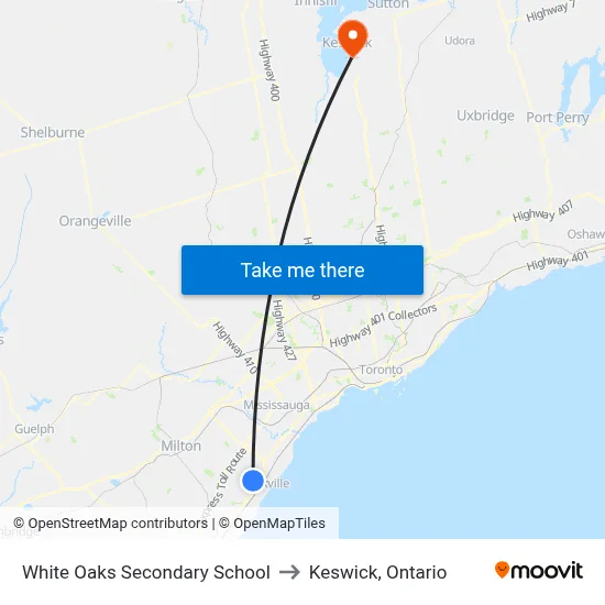 White Oaks Secondary School to Keswick, Ontario map