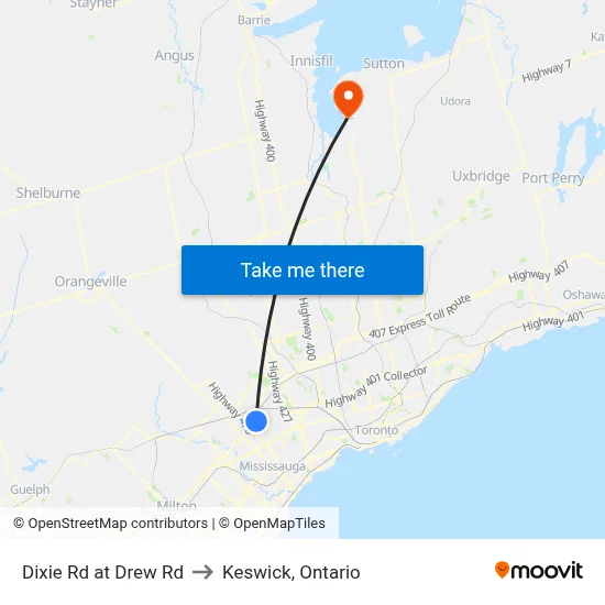 Dixie Rd at Drew Rd to Keswick, Ontario map