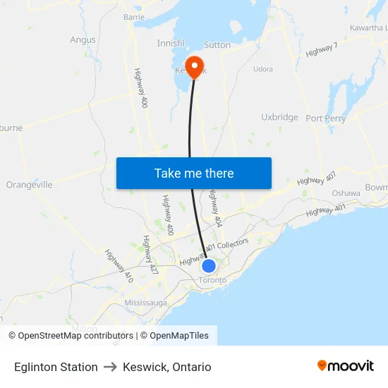 Eglinton Station to Keswick, Ontario map