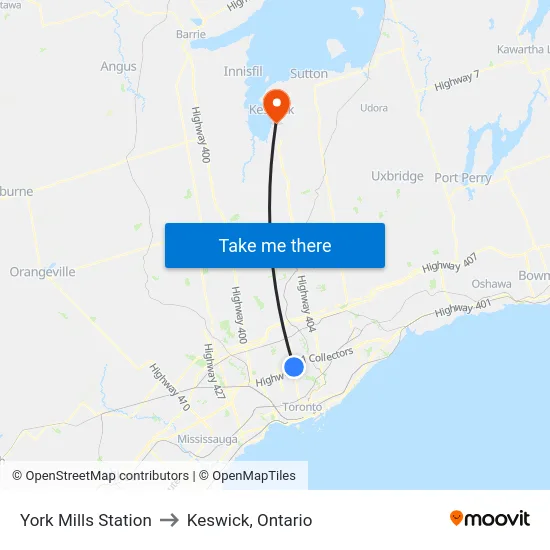 York Mills Station to Keswick, Ontario map