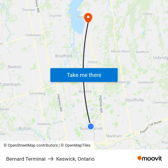 Bernard Terminal to Keswick, Ontario map