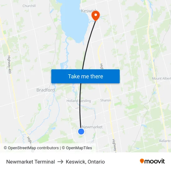 Newmarket Terminal to Keswick, Ontario map