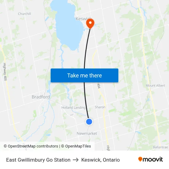 East Gwillimbury Go Station to Keswick, Ontario map