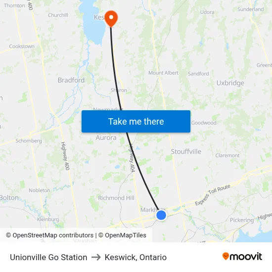 Unionville Go Station to Keswick, Ontario map