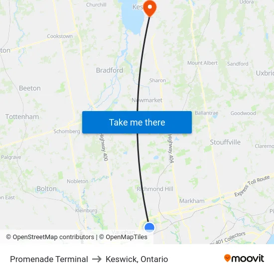 Promenade Terminal to Keswick, Ontario map