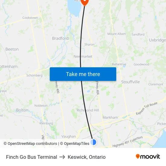 Finch Go Bus Terminal to Keswick, Ontario map