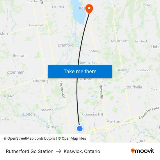 Rutherford Go Station to Keswick, Ontario map