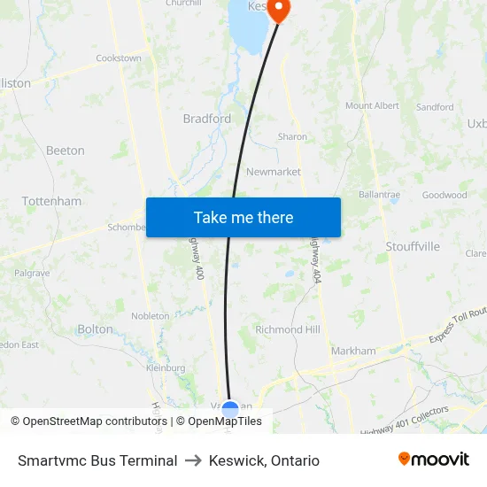 Smartvmc Bus Terminal to Keswick, Ontario map