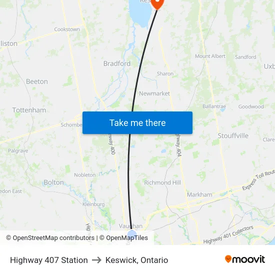 Highway 407 Station to Keswick, Ontario map