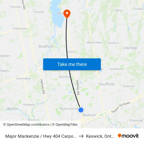 Major Mackenzie / Hwy 404 Carpool Lot to Keswick, Ontario map