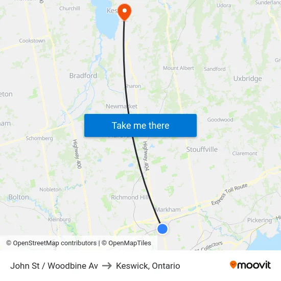 John St / Woodbine Av to Keswick, Ontario map