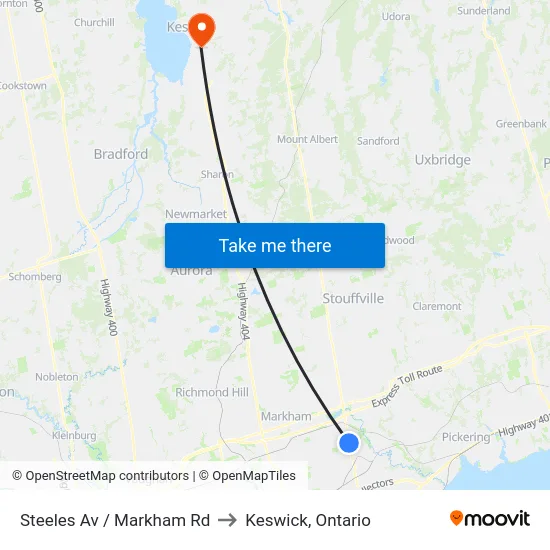 Steeles Av / Markham Rd to Keswick, Ontario map