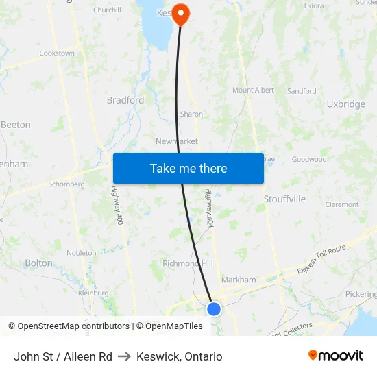 John St / Aileen Rd to Keswick, Ontario map