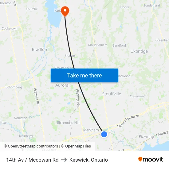 14th Av / Mccowan Rd to Keswick, Ontario map