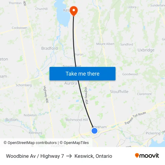 Woodbine Av / Highway 7 to Keswick, Ontario map