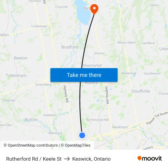 Rutherford Rd / Keele St to Keswick, Ontario map