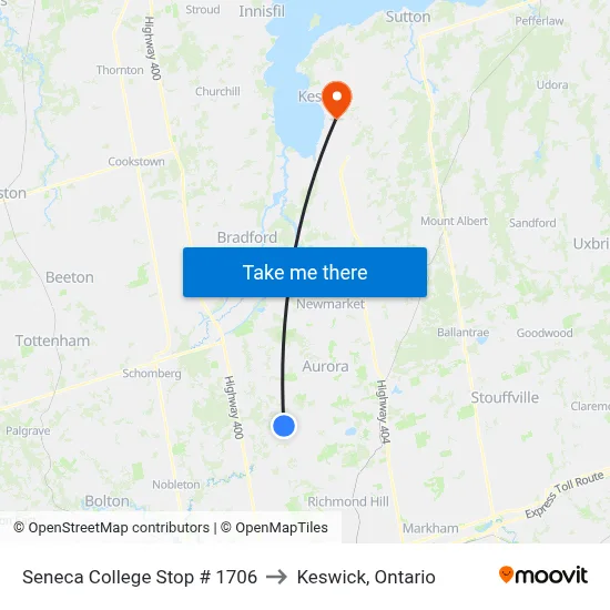 Seneca College Stop # 1706 to Keswick, Ontario map