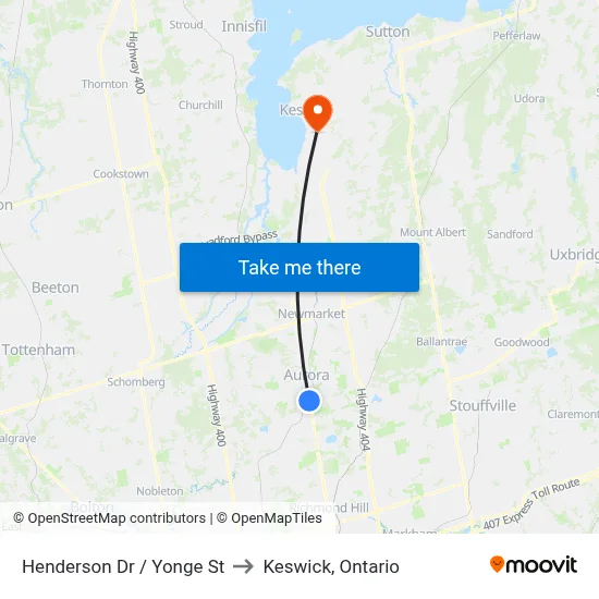 Henderson Dr / Yonge St to Keswick, Ontario map