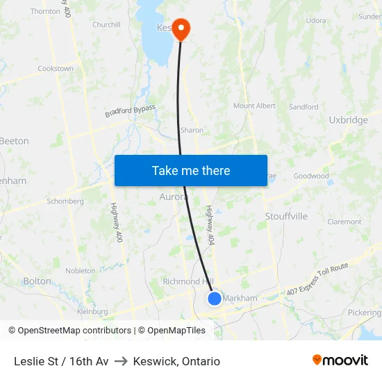 Leslie St / 16th Av to Keswick, Ontario map