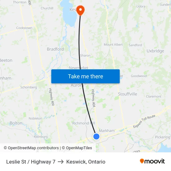 Leslie St / Highway 7 to Keswick, Ontario map
