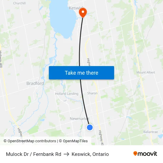 Mulock Dr / Fernbank Rd to Keswick, Ontario map