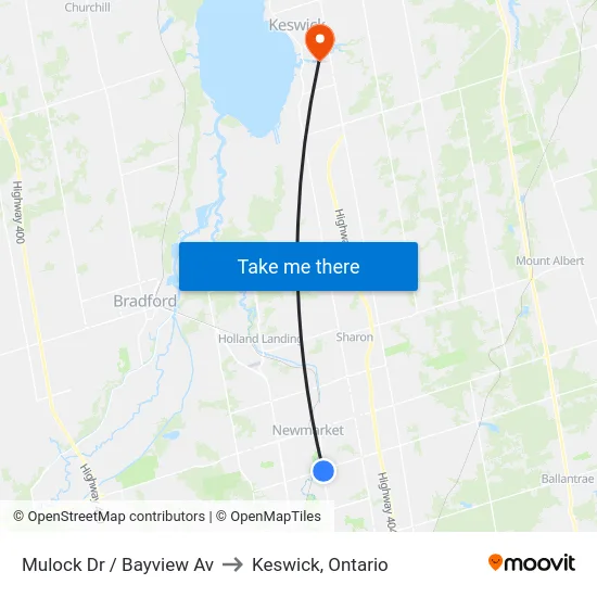 Mulock Dr / Bayview Av to Keswick, Ontario map
