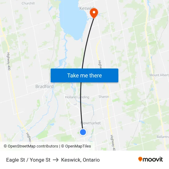 Eagle St / Yonge St to Keswick, Ontario map