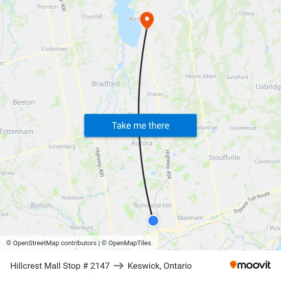 Hillcrest Mall Stop # 2147 to Keswick, Ontario map