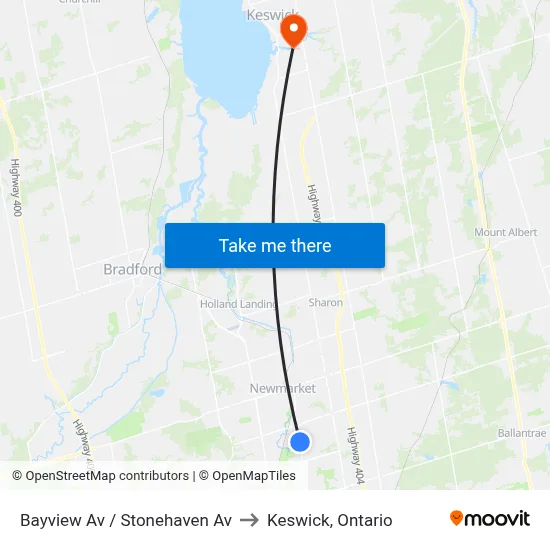 Bayview Av / Stonehaven Av to Keswick, Ontario map