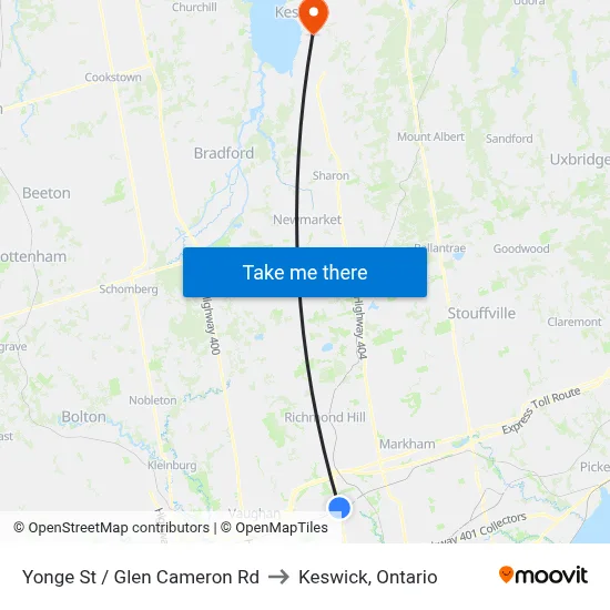 Yonge St / Glen Cameron Rd to Keswick, Ontario map