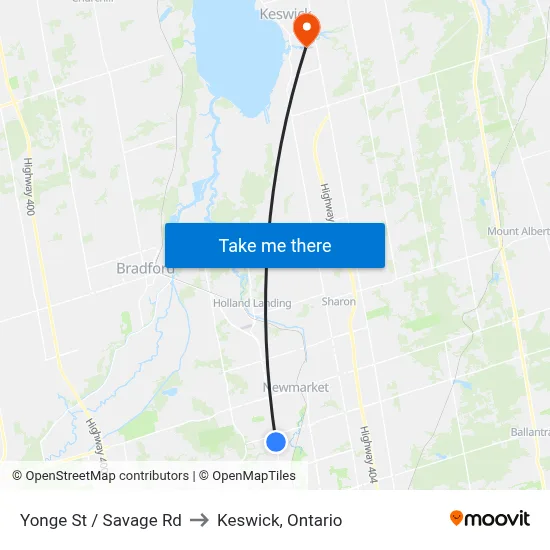 Yonge St / Savage Rd to Keswick, Ontario map