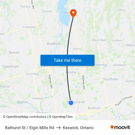 Bathurst St / Elgin Mills Rd to Keswick, Ontario map