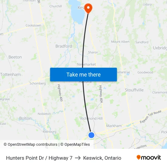 Hunters Point Dr / Highway 7 to Keswick, Ontario map