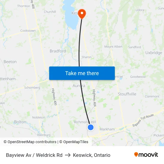 Bayview Av / Weldrick Rd to Keswick, Ontario map