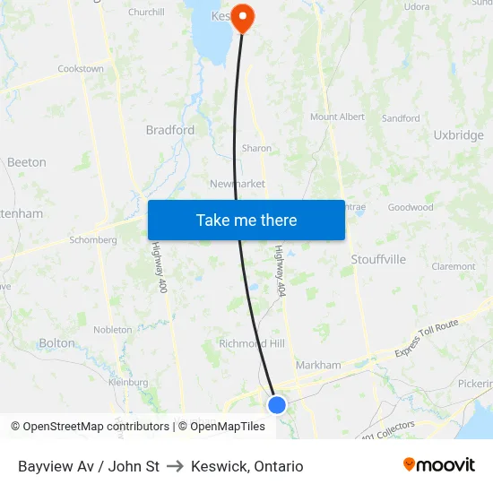 Bayview Av / John St to Keswick, Ontario map