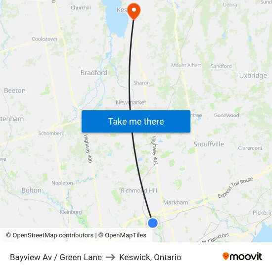 Bayview Av / Green Lane to Keswick, Ontario map