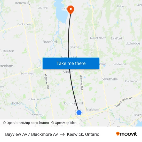 Bayview Av / Blackmore Av to Keswick, Ontario map