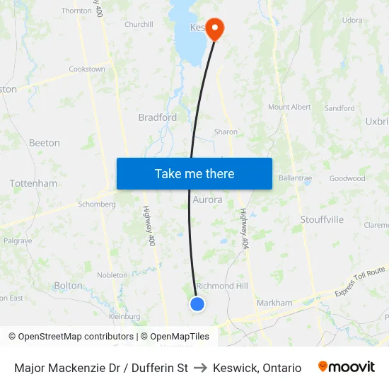 Major Mackenzie Dr / Dufferin St to Keswick, Ontario map