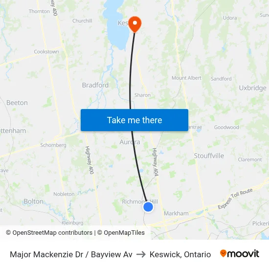 Major Mackenzie Dr / Bayview Av to Keswick, Ontario map
